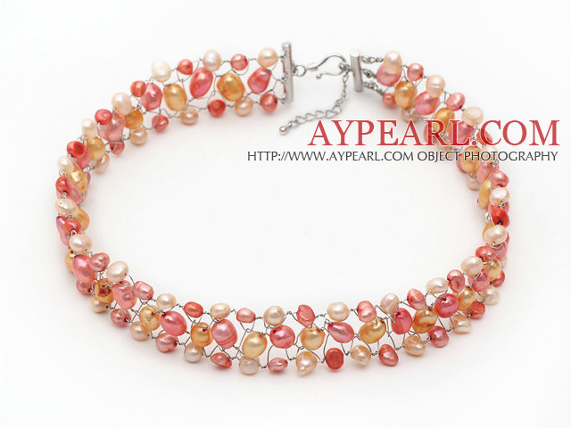 Orange and Pink Color Freshwater Pearl Wire Crocheted Choker Necklace