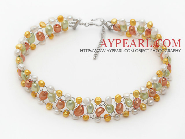 Assorted Multi Color ferskvannsperle Wire Heklet Choker Necklace