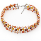 Orange and Yellow and Pink Color Freshwater Pearl Wire Crocheted Choker Necklace