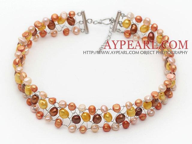Orange and Yellow and Pink Color Freshwater Pearl Wire Crocheted Choker Necklace