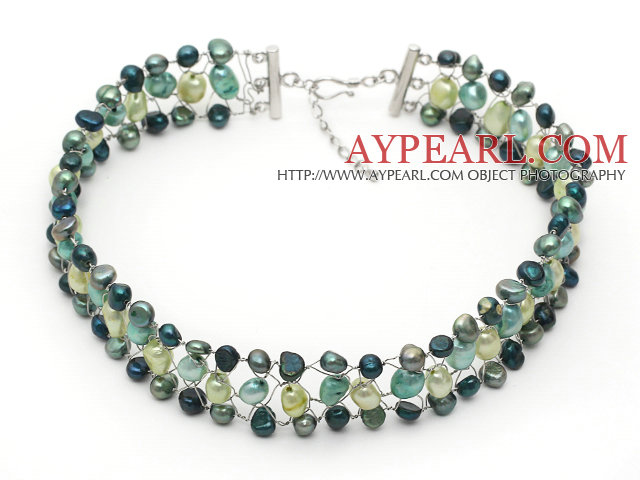 Assorted Peacock Green Color Freshwater Pearl Wire Crocheted Choker Necklace