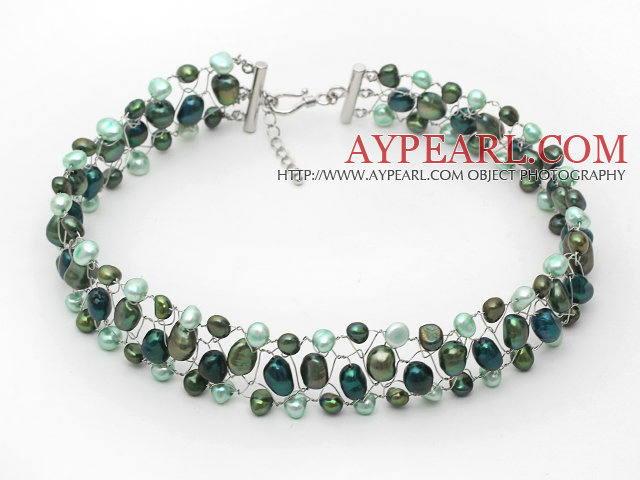 Assorted Forest Green Color Freshwater Pearl Wire Crocheted Choker Necklace