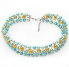 Assortert Light Blue and Yellow Color Freshwater Pearl Wire Heklet Choker Necklace