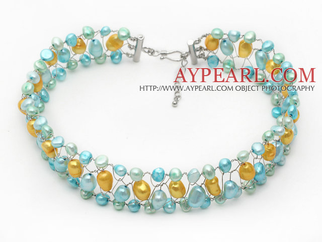 Assorted Light Blue and Yellow Color Freshwater Pearl Wire Crocheted Choker Necklace