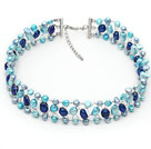 Blue Series Blå färg sötvattenspärla Wire Virkade Choker Necklace