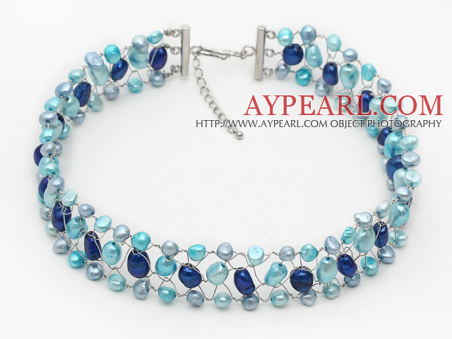 Blue Series Blue Color Süßwasser-Zuchtperlen Draht gehäkelte Halsketten