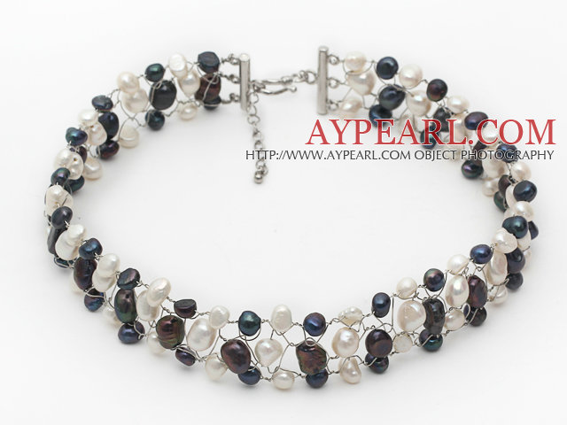 White and Black Color Freshwater Pearl Wire Crocheted Choker Necklace