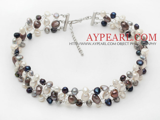 Svart og hvit og grå farge Freshwater Pearl Wire Heklet Choker Necklace