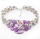Elegantes Design Violet Serie Violet und Light Green Pearl and Violet Shell Blume gehäkelte Halskette