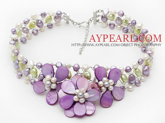 Elegant Style Violet Series Violet and Light Green Pearl and Violet Shell Flower Crocheted Necklace