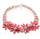 Red Series White Freshwater Pearl and Red Shell Flower Crocheted Necklace