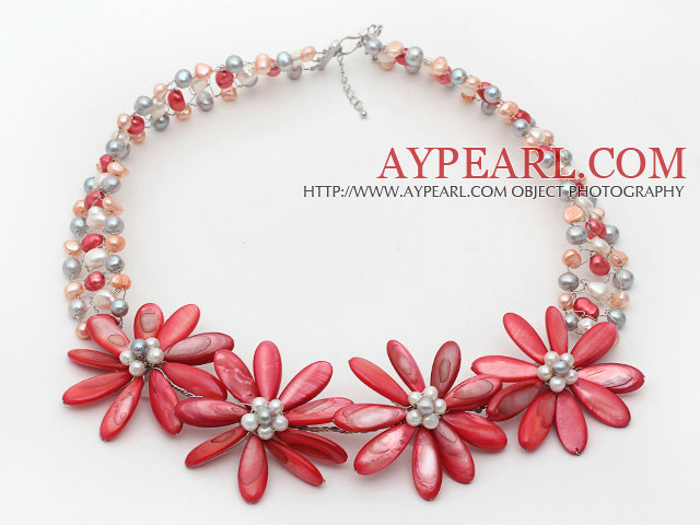 Red Series White Freshwater Pearl and Red Shell Flower Crocheted Necklace