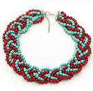 Red and Green Series Bold Style Round 6mm Red Coral and Turquoise Beads Woven Necklace