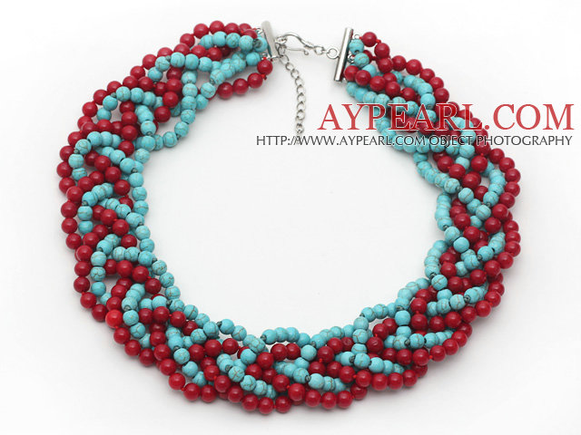 Red and Green Series Bold Style Round 6mm Red Coral and Turquoise Beads Woven Necklace