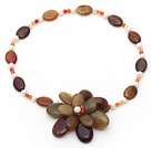 White Freshwater Pearl and Three Colored Jade Flower Necklace