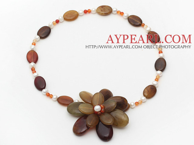 White Freshwater Pearl and Three Colored Jade Flower Necklace