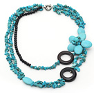 Multi Strands Green Turquoise Chips and Black Agate Flower Necklace