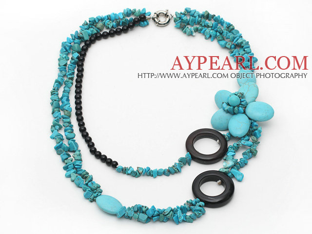 Multi Strands Green Turquoise Chips and Black Agate Flower Necklace
