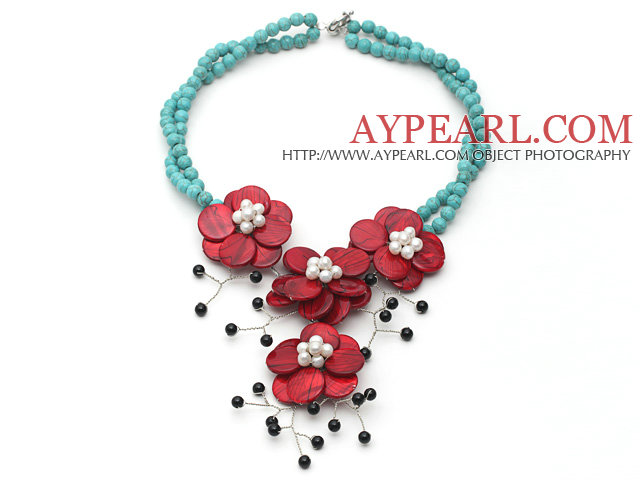 Green Turquoise and White Freshwater Pearl and Black Agate and Red Shell Flower Necklace