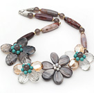 Gray Series Barrel Shape Agate and Gray Shell and Turquoise Flower Necklace