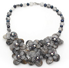 Gray Series Smoky Crystal and Black Freshwater Pearl Flower Necklace