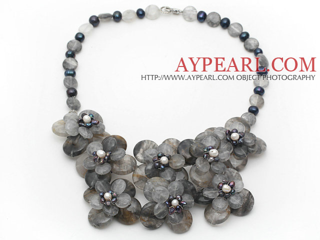 Gray Series Smoky Crystal and Black Freshwater Pearl Flower Necklace