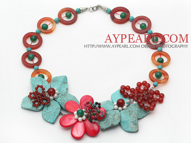 Red and Green Series Donut Shape Carnelian and Green Turquoise and White Pearl Flower Necklace