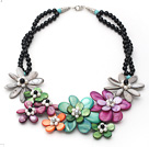 Assorted Black Agate and Multi Color Shell and Pearl Flower Necklace