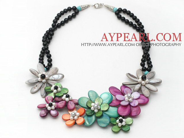 Assorted Black Agate and Multi Color Shell and Pearl Flower Necklace