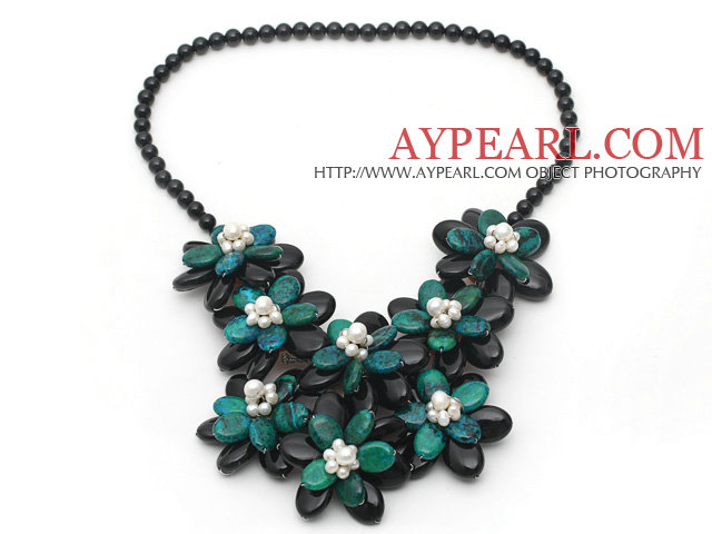 Série de noir et vert agate noire et Phoenix Flower Parti collier