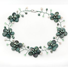 Green Series Green Dragon Stone and Green Pearl Crystal Flower Wire Crocheted Necklace