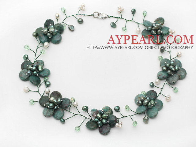 Grön Serie Green Dragon Stone och grön Pearl Crystal Flower Wire Virkade halsband