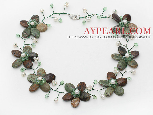 Green Series Green Opal and White Green Color Pearl Crystal Flower Wire Crocheted Necklace