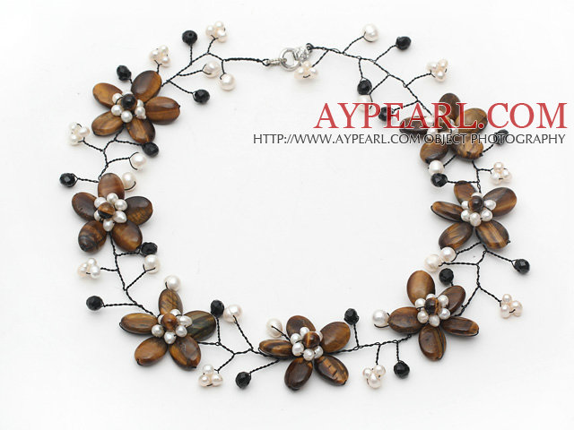 Brown Series Flower μάτι της τίγρης και White Pearl γλυκού νερού και μαύρο σύρμα Κρίσταλ πλεκτά κολιέ