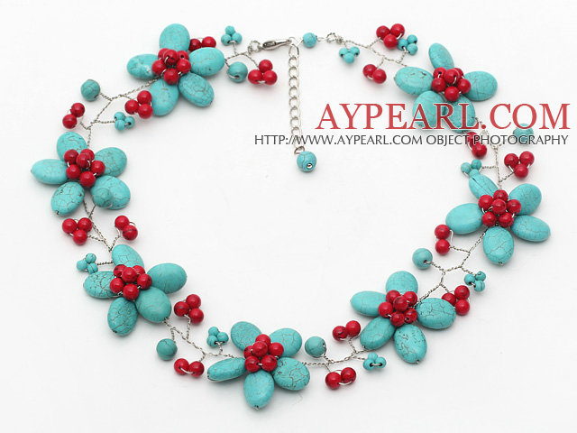 Vert Turquoise et Alaqueca Fleur Fil crochet Collier avec chaîne extensible