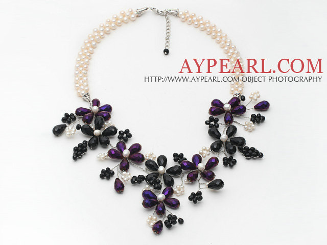 White Freshwater Pearl and Black Purple Color Crystal Flower Party Necklace