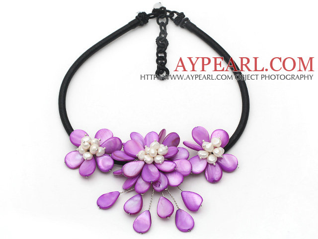 Purple Series Purple Shell and White Freshwater Pearl Flower Necklace with Black Cord