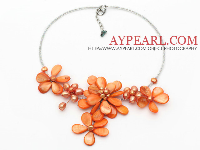 Orange Series Orange Shell and Pearl Flower Necklace with Glass Beads Chain