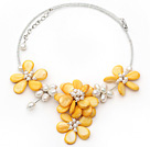 Yellow Series Yellow Shell and White Freshwater Pearl Flower Necklace with Glass Beads Chain