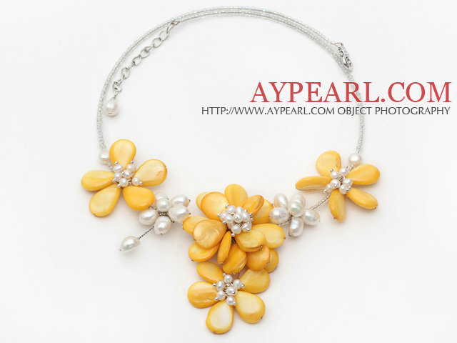 Yellow Series Yellow Shell and White Freshwater Pearl Flower Necklace with Glass Beads Chain