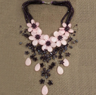 Gorgeous Statement Multi Layer Crystal Rose Quartz Flower Party Necklace