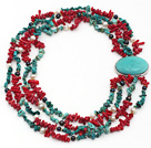 Assorted Multi Strands Red Coral and Turquoise Chips Necklace with Turquoise Clasp