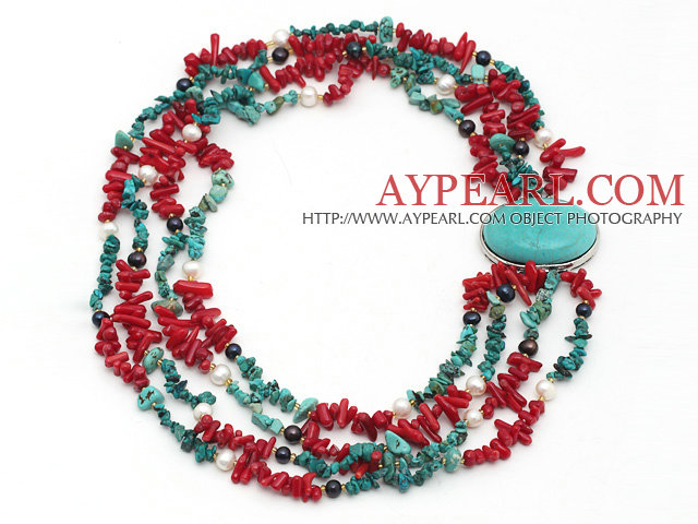 Assorted Multi Strands Red Coral and Turquoise Chips Necklace with Turquoise Clasp