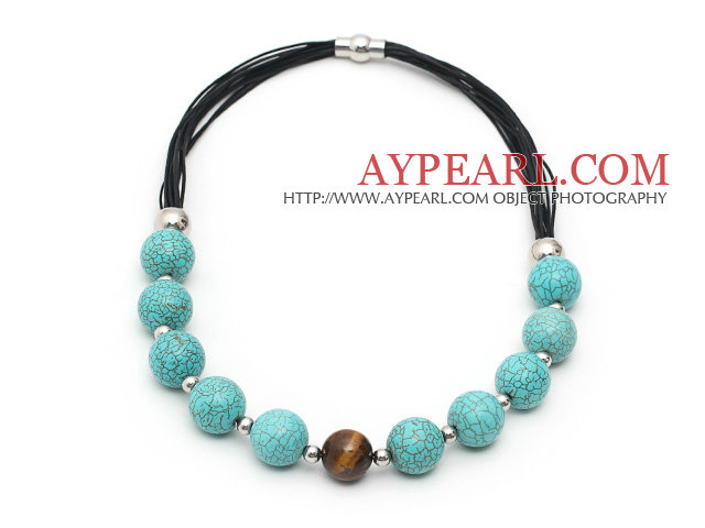 Round Turquoise et Tiger Collier en cuir des yeux avec fermoir magnétique