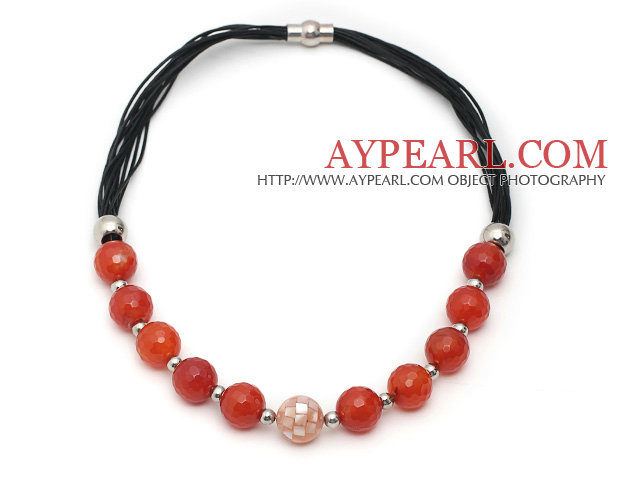 Faceted Red Carnelian and Mosaics Shell Leather Necklace with Magnetic Clasp