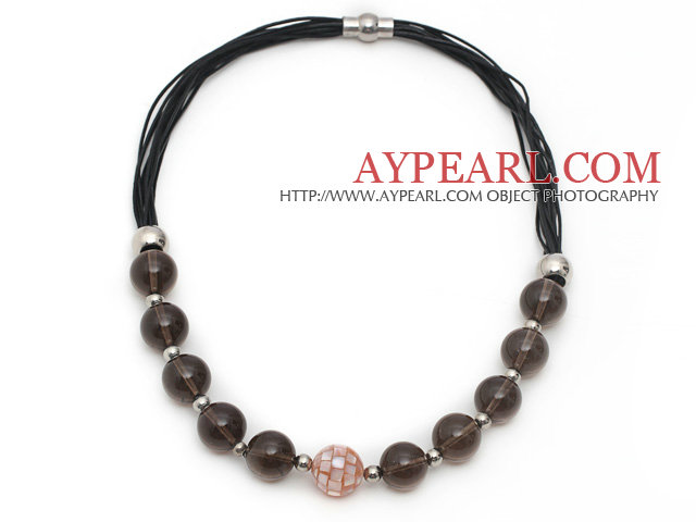 Brown Series Smoky Quartz and Mosaics Shell Leather Necklace with Magnetic Clasp