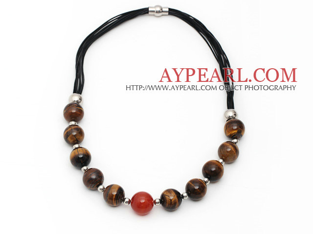 Round Shape Tiger Eye and Carnelian Leather Necklace with Magnetic Clasp