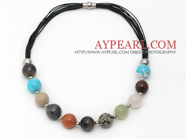 Assorted Multi Color Round Multi Stone Leather Necklace with Magnetic Clasp