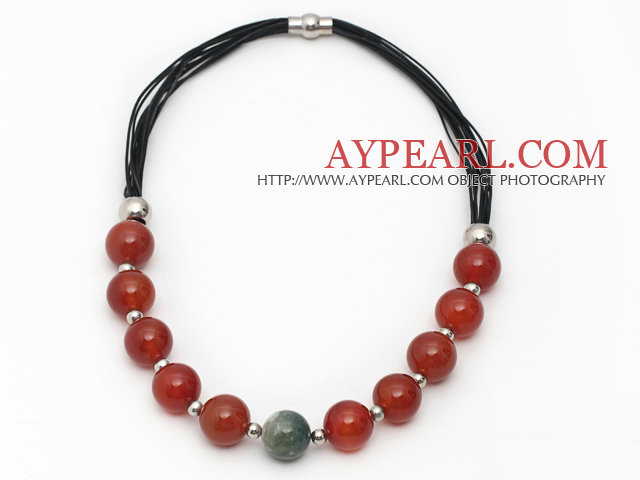 Red Series Round Feuerachat Leder Halskette mit Magnetverschluss