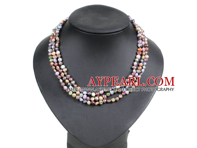Fashion Style 3 Strand Multi Color Natural Freshwater Pearl Necklace